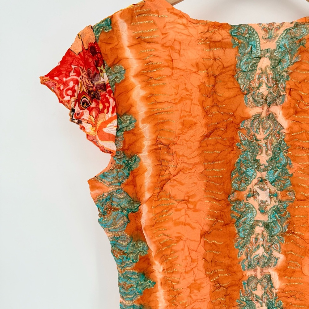 Alberto Makali Y2K Silk Look Orange Floral Crinkle Mesh Top Blouse Large L Boho - Picture 10 of 15